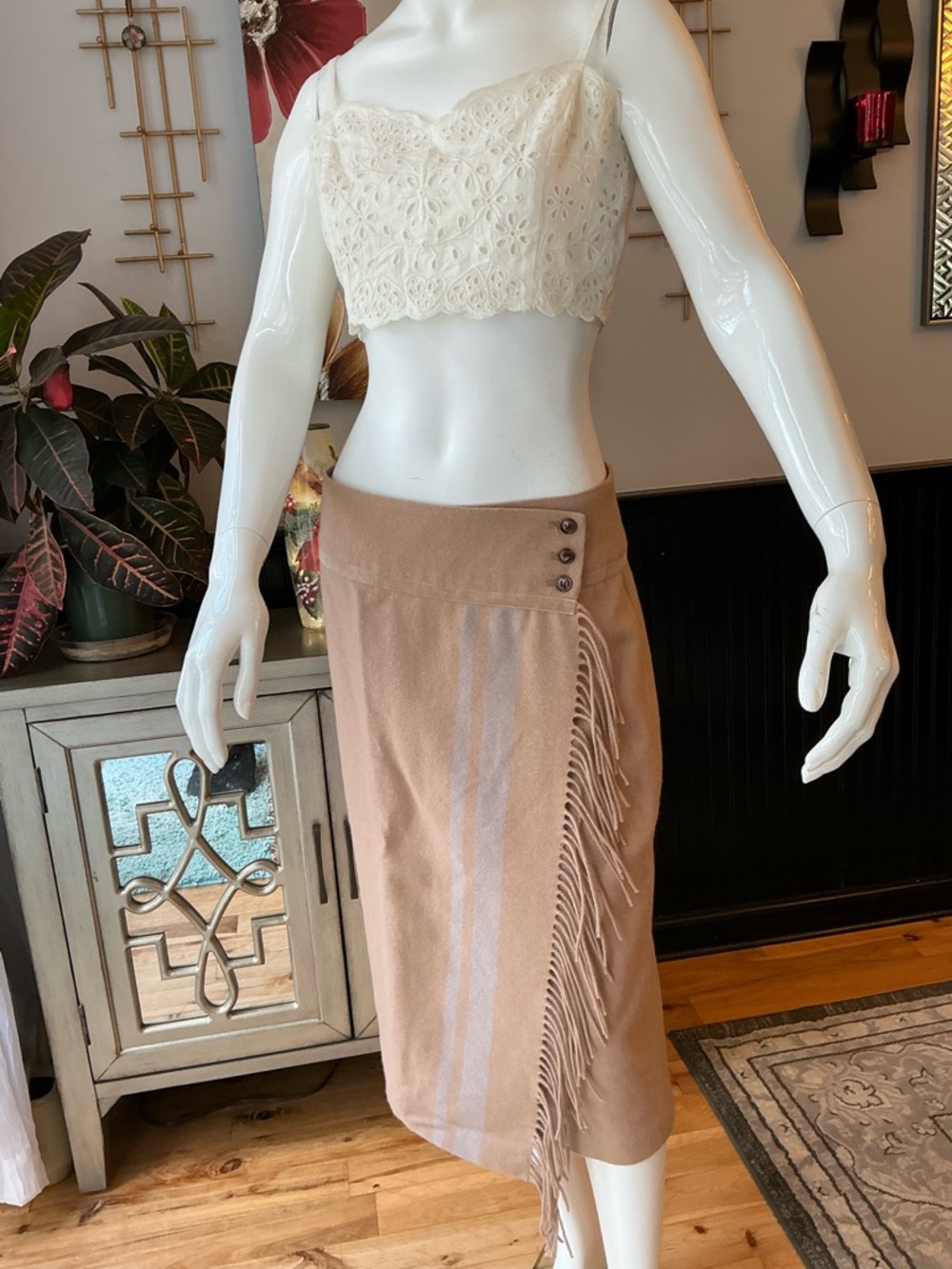 J. McLaughlin NWT Festival Boho Fringe Wrap Pencil Skirt Camel Midi  Size 8